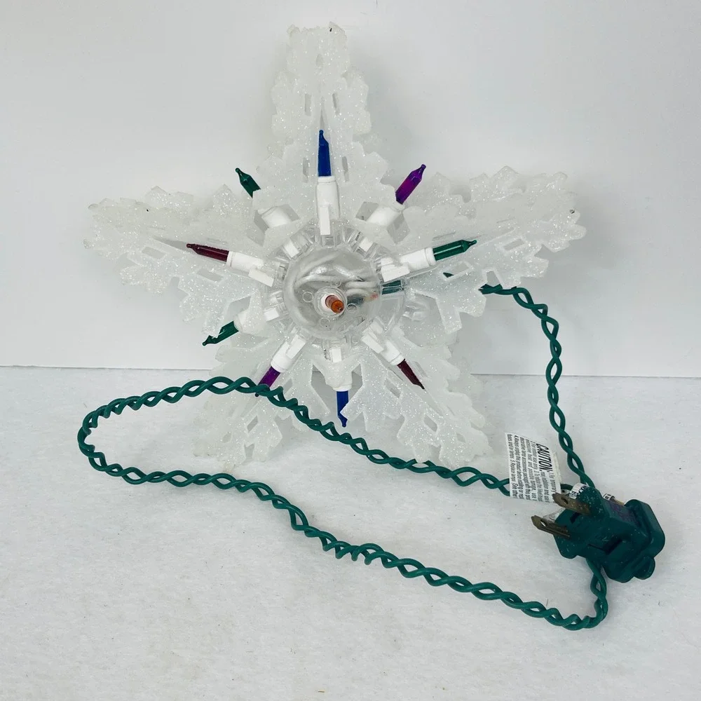 Glittery White Snowflake Christmas Tree Topper Multi-Color Lights 8.5 Inch Star